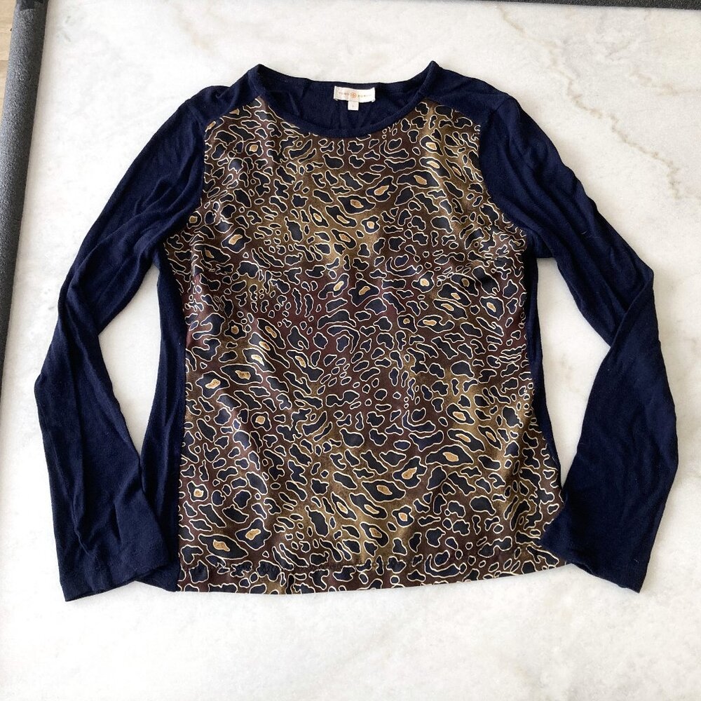 Tory Burch 100% silk front top / sweater, navy / brown / leopard print animal